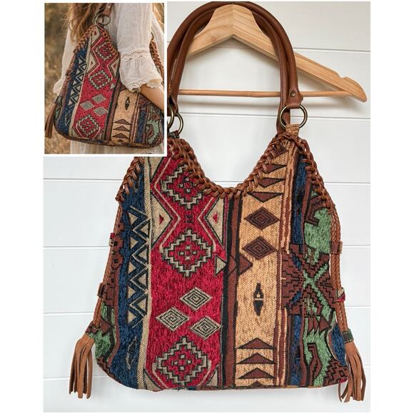 Unbranded Handbags - Southwestern Tapestry Hobo Bag Woven Fringe Boho Aztec Slouchy Handbag Purse